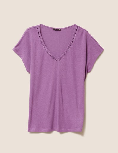 T-shirt col v manches courtes aspect lin violet femme