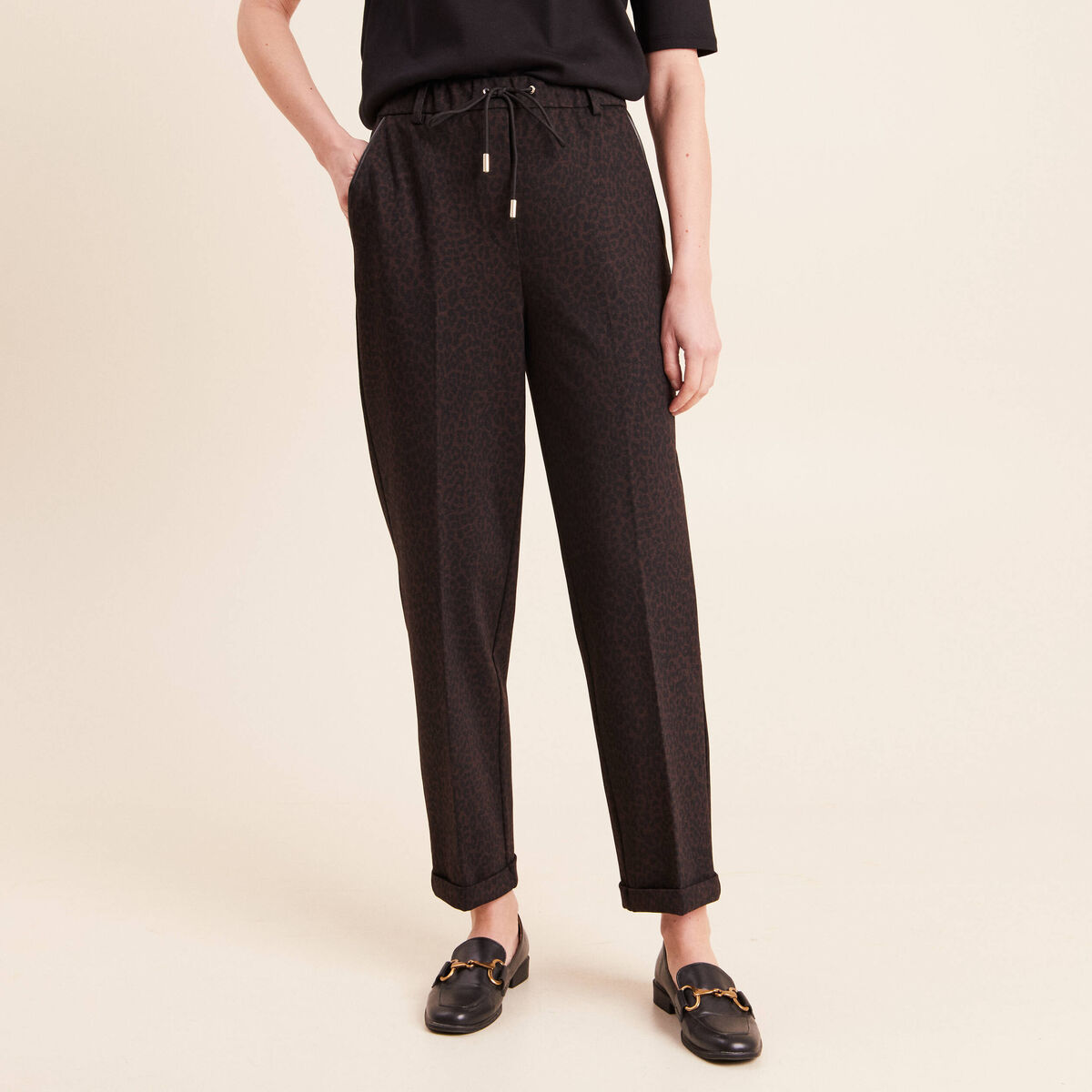 Jogging imprim&eacute; l&eacute;opard taille bascul&eacute;e marron femme