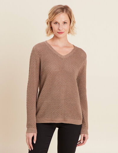 Pull manches longues col en V taupe femme