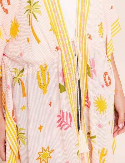 Kimono col v manches courtes brod&eacute; multicolore femme