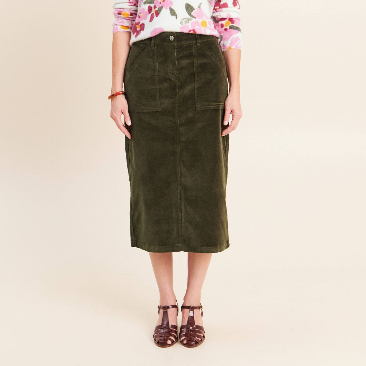 Jupe en velours vert kaki femme