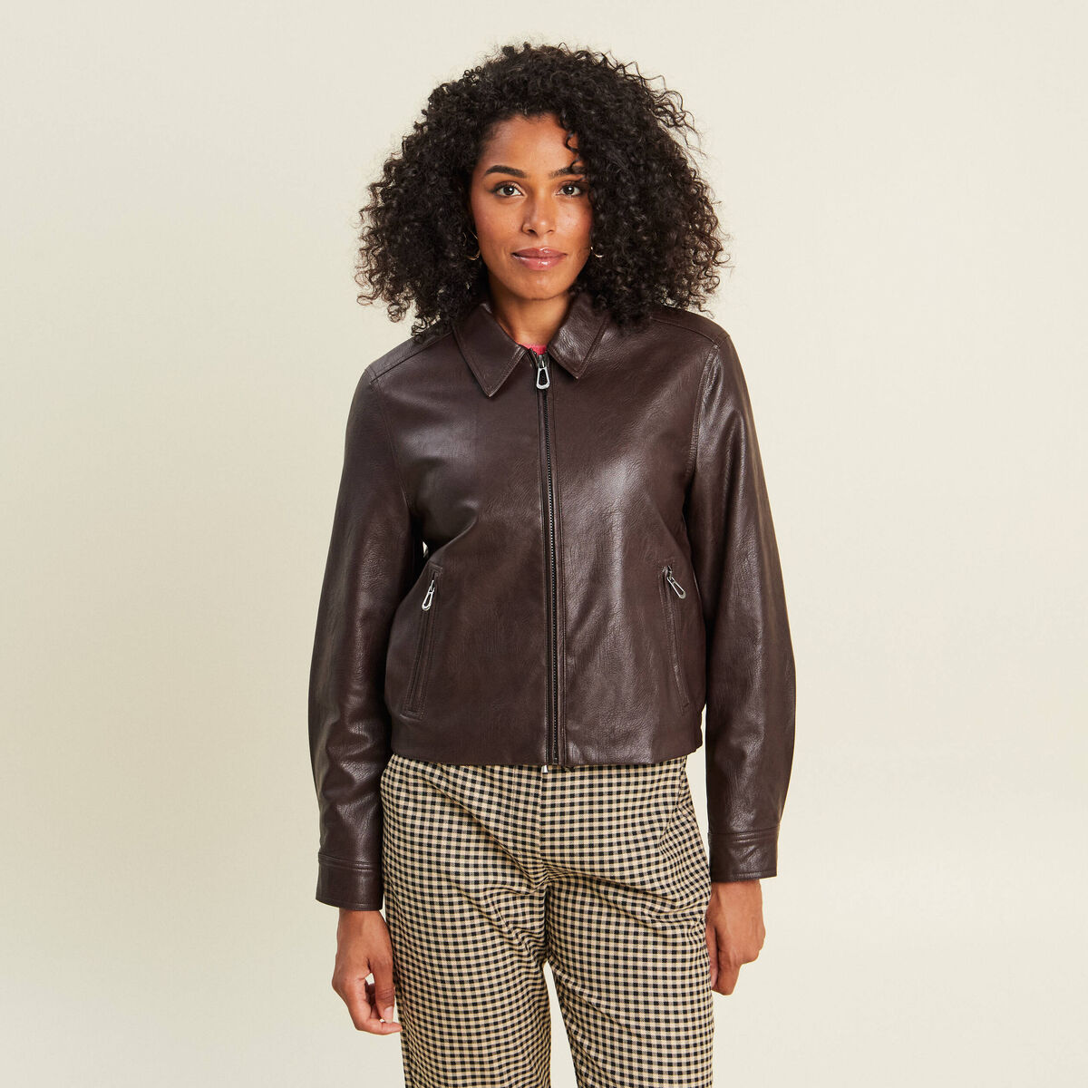 Veste doubl&eacute;e marron fonc&eacute; femme