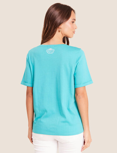 T-shirt col rond manches courtes brod&eacute; vert turquoise femme