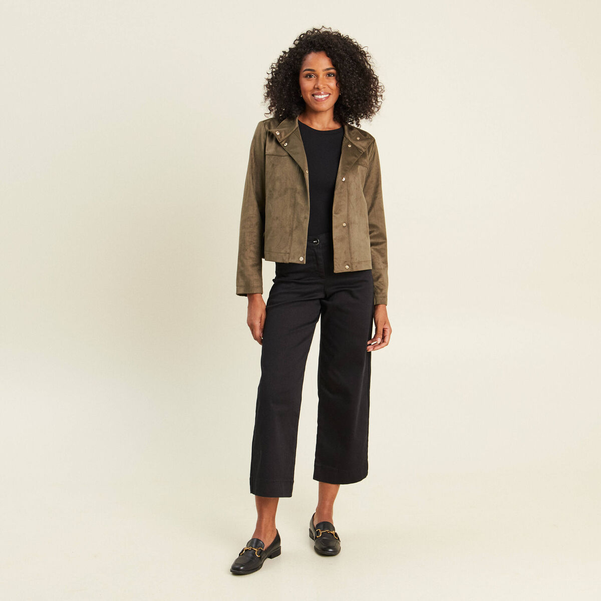 Veste ample col montant doubl&eacute;e vert kaki femme