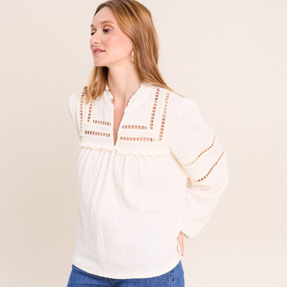 Blouse boh&egrave;me maille cr&ecirc;p&eacute;e ecru femme