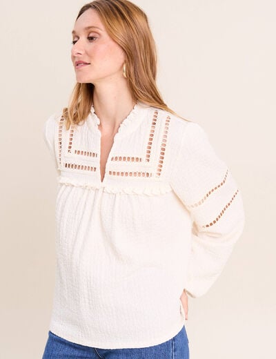 Blouse boh&egrave;me maille cr&ecirc;p&eacute;e ecru femme