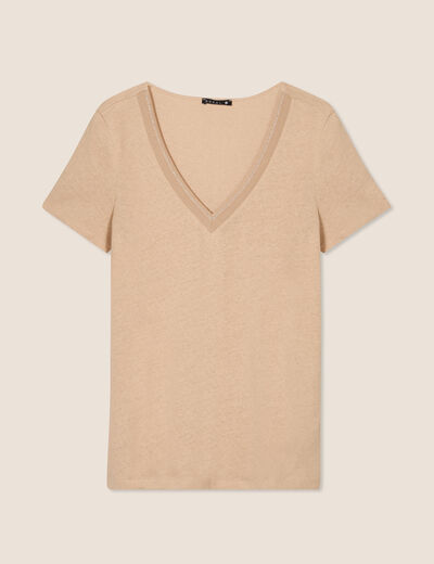 T-shirt manches courtes col en V sable femme