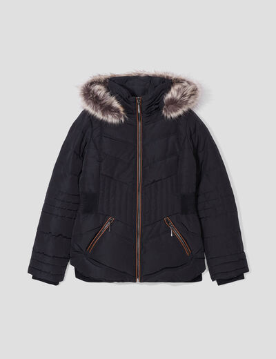 Doudoune droite d&eacute;perlante &agrave; capuche noir femme