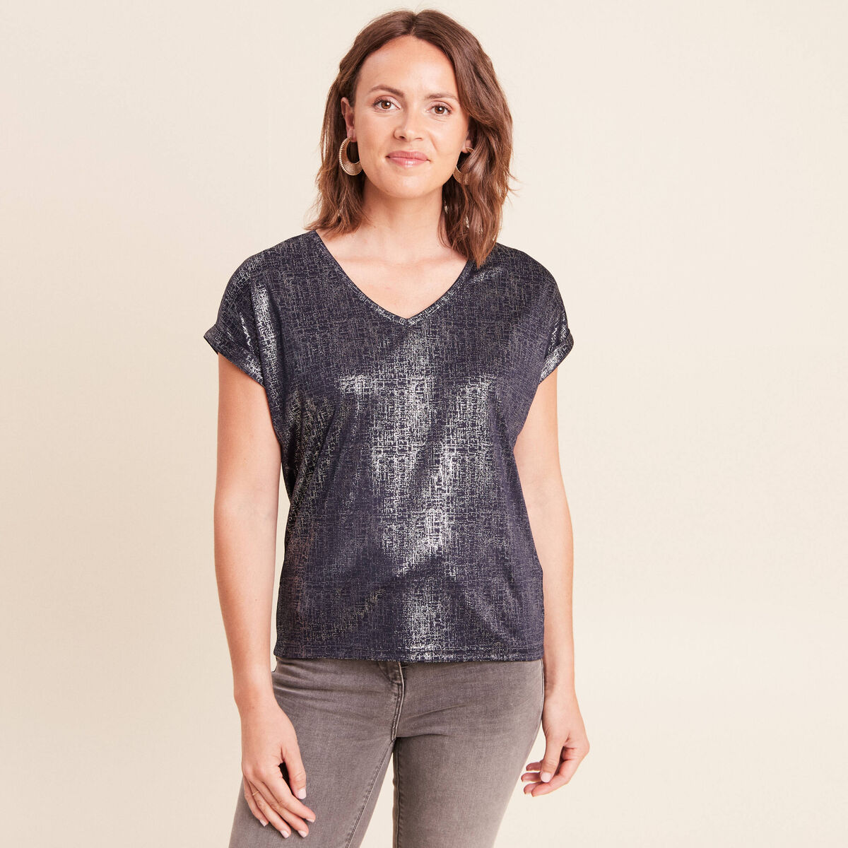 T-shirt manches courtes bleu fonc&eacute; femme