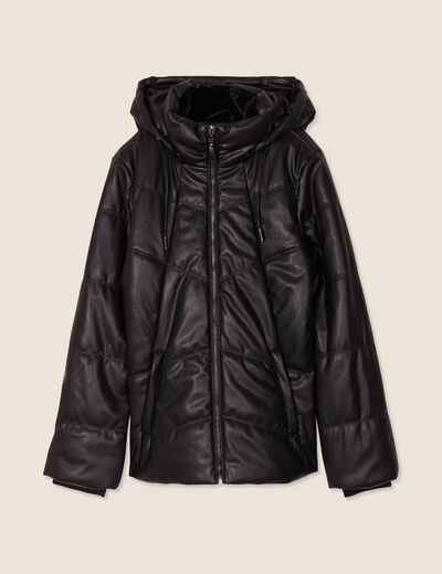 Doudoune à capuche simili cuir noir femme
