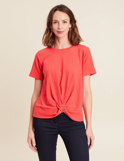 Top court bas resserré col rond rouge corail femme