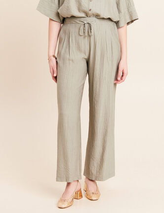 Pantalon fluide taille haute vert clair femme