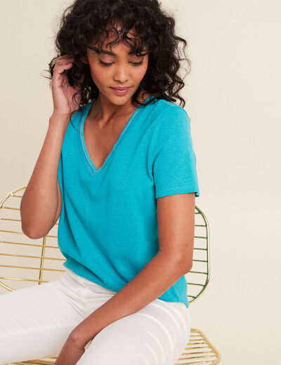 T-shirt manches courtes col en V vert turquoise femme