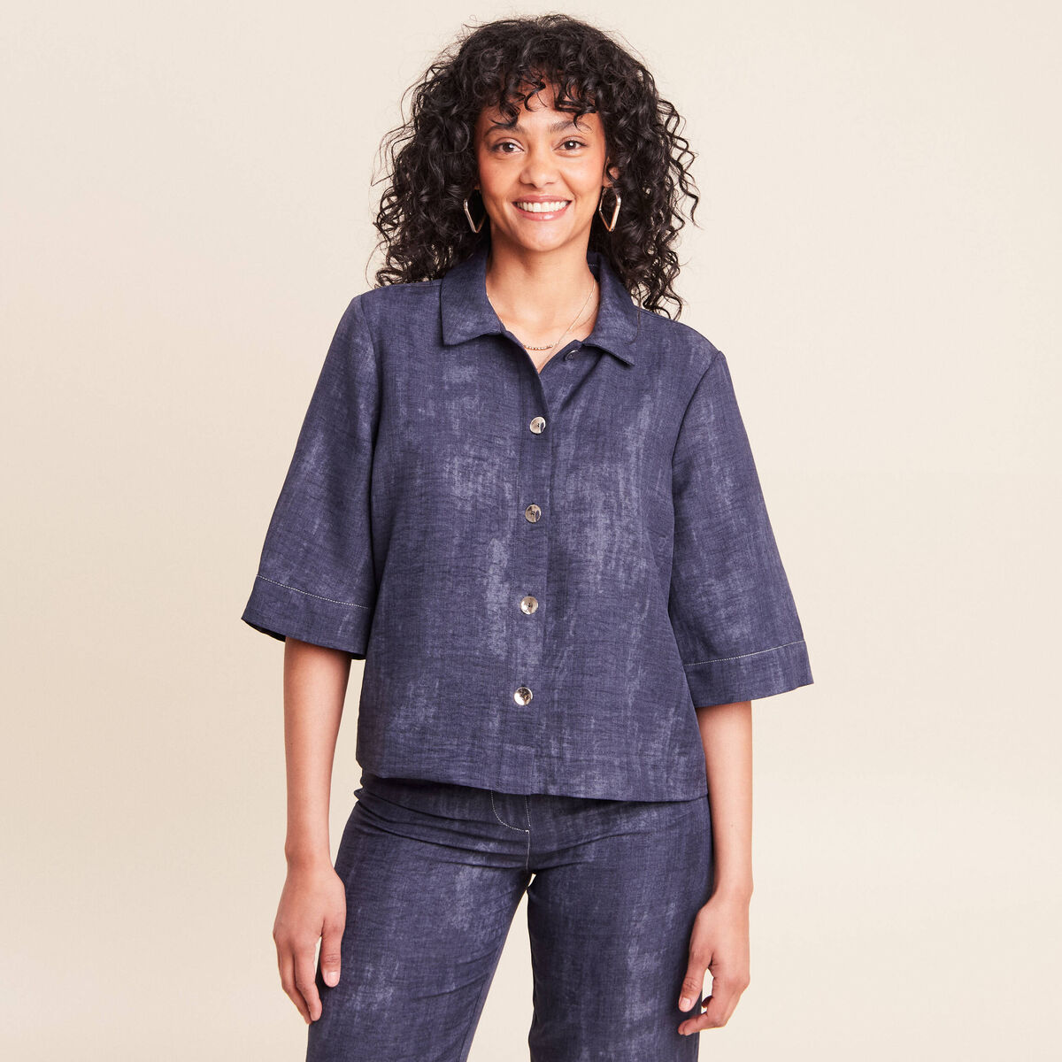 Chemise col chemise manches 3/4 bleu femme