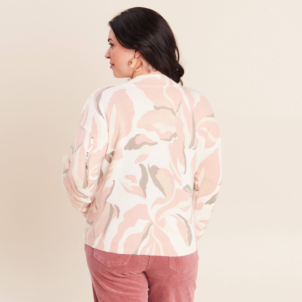 Pull col rond &agrave; sequins rose femme