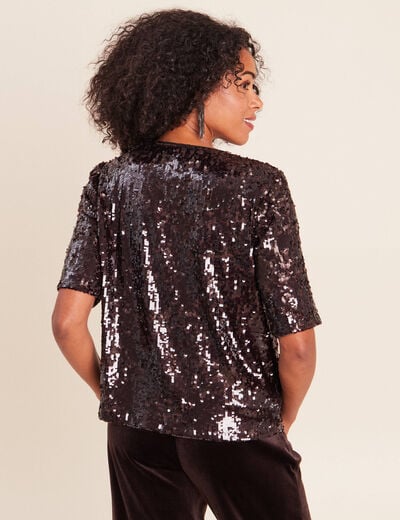 T-shirt &agrave; sequins manches courtes marron fonc&eacute; femme