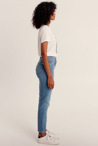 Jean droit taille haute 7/8ème denim double stone femme