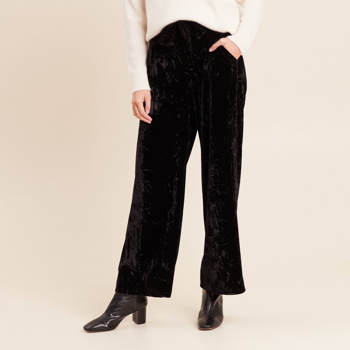 Pantalon large taille haute velours noir femme
