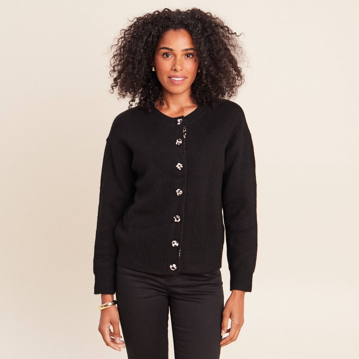 Gilet droit mi-long col rond noir femme