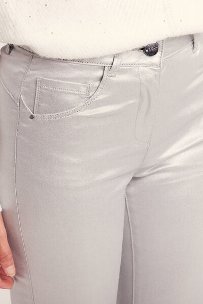 Pantalon ajusté enduit gris argent femme