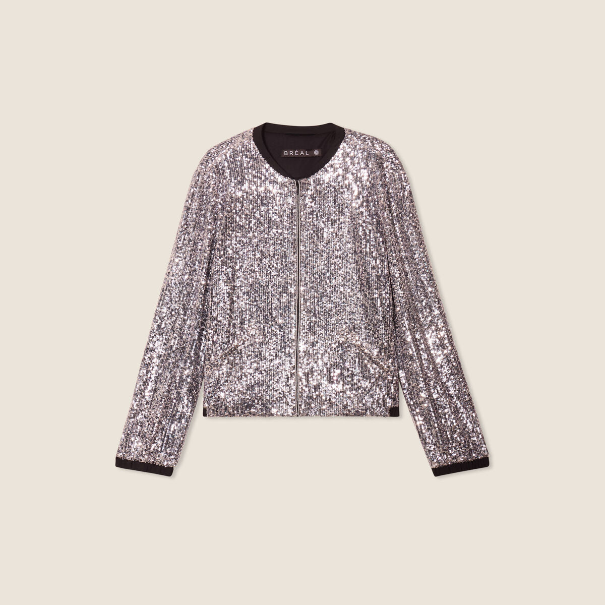 Veste zipp&eacute;e sequins gris argent femme