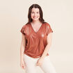 T-shirt col V manches courtes marron fonc&eacute; femme