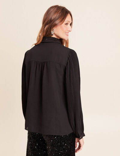 Chemise fluide &agrave; sequins manches longues noir femme