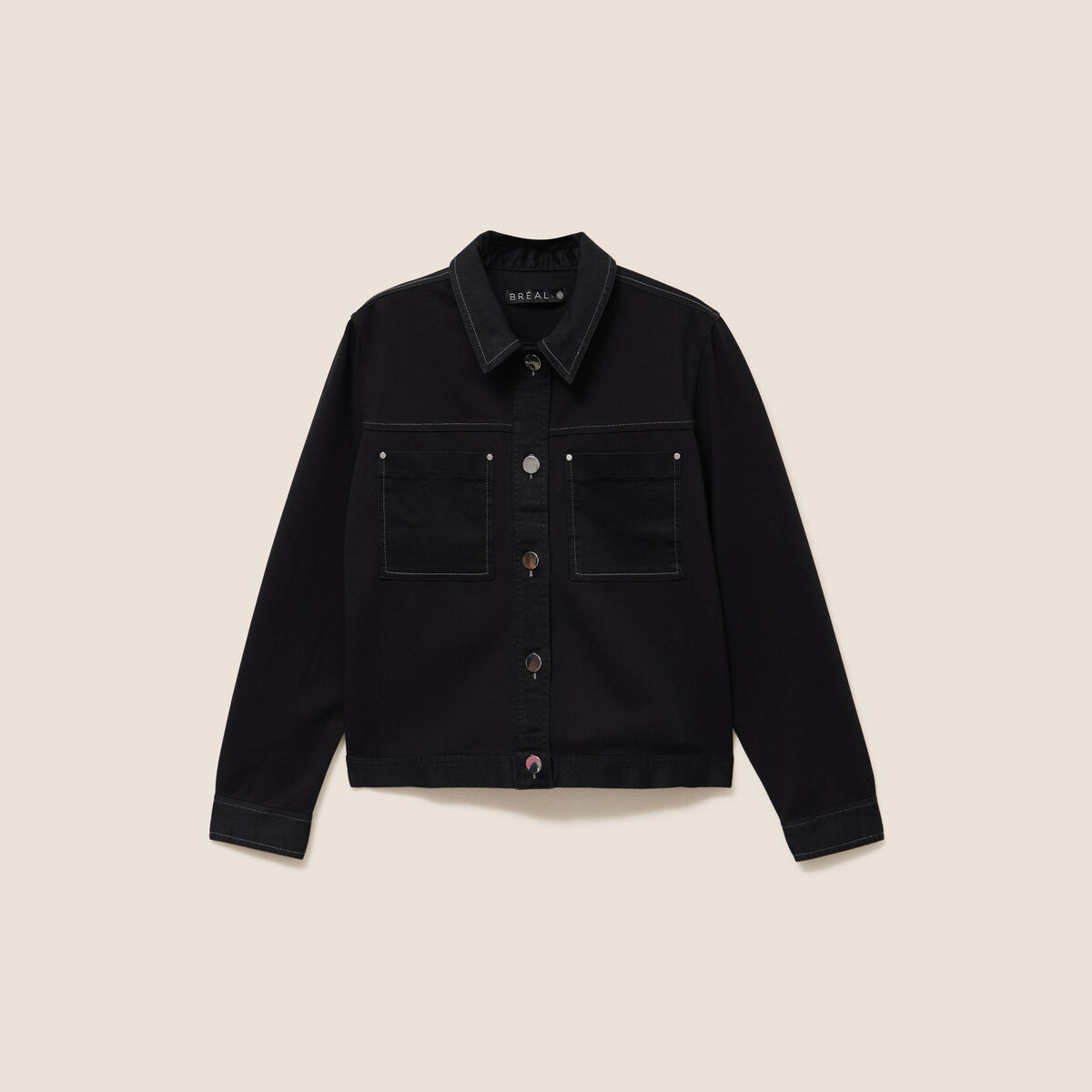 Veste droite courte manches longues denim noir femme
