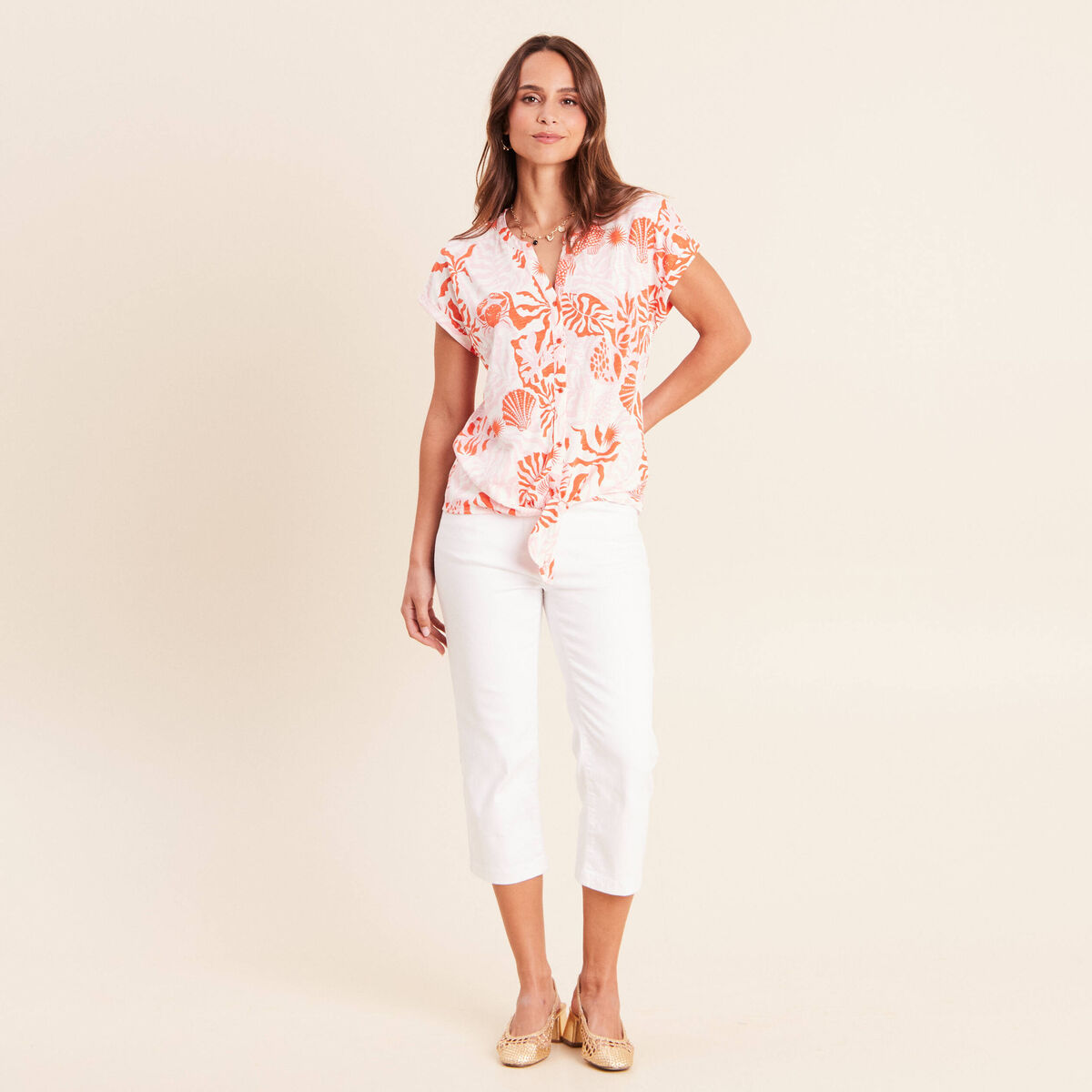 T-shirt col tunisien manches courtes rose femme