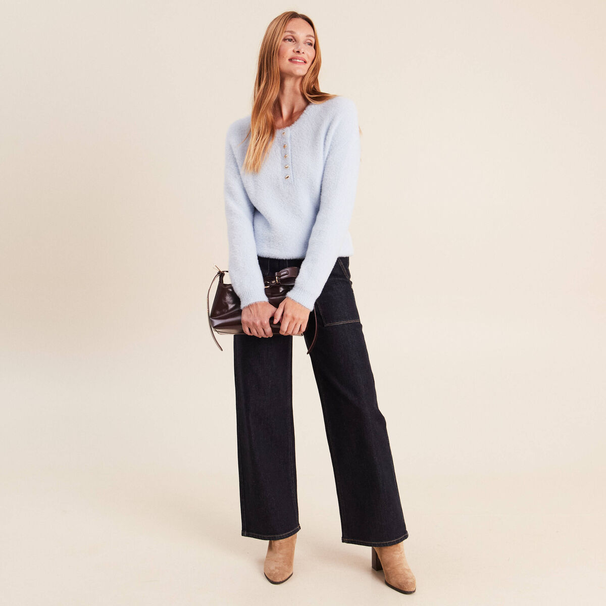 Pull col tunisien bleu pastel femme