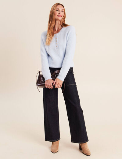 Pull col tunisien bleu pastel femme