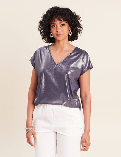 T-shirt col V manches courtes bleu marine femme