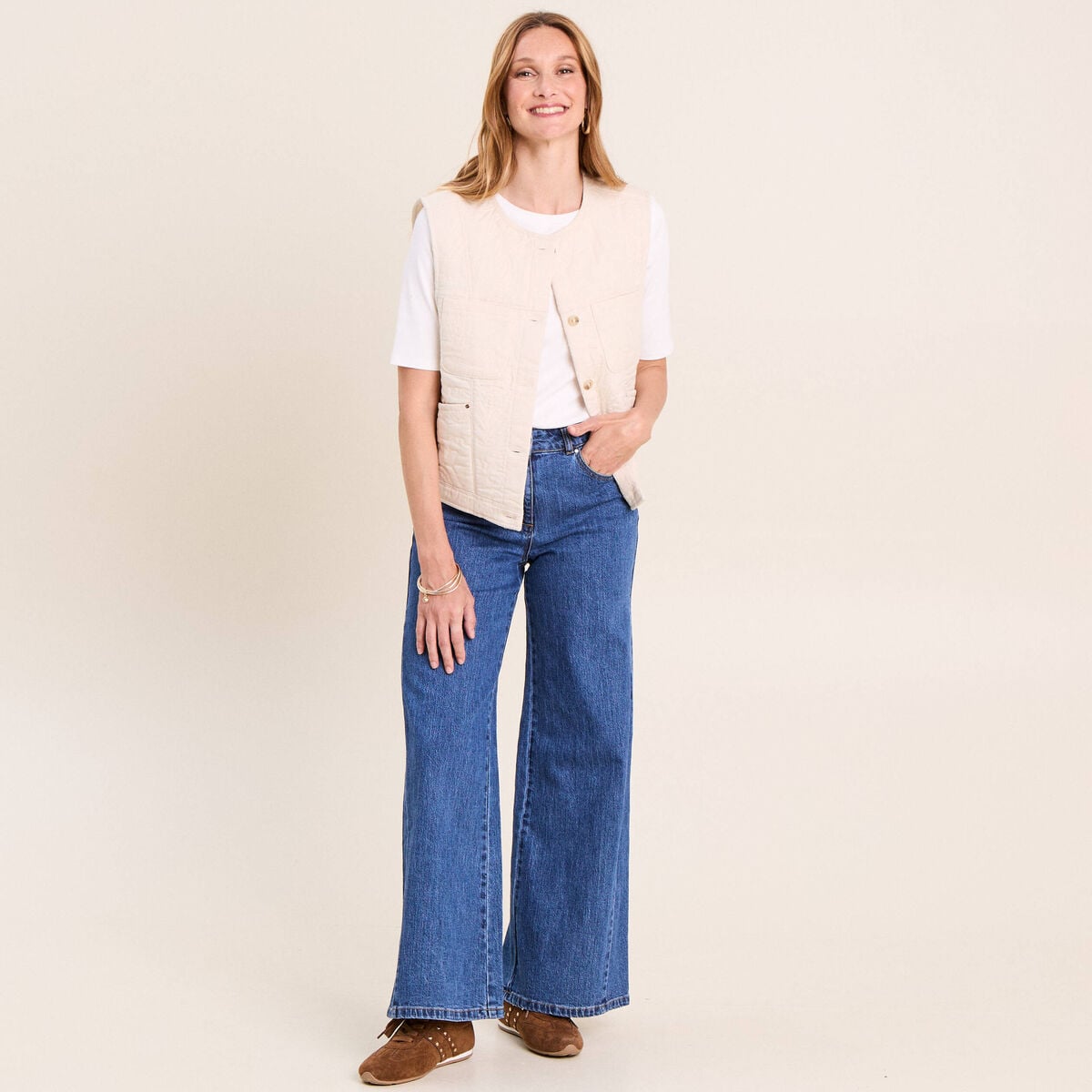 Gilet sans manches doubl&eacute; coton ecru femme