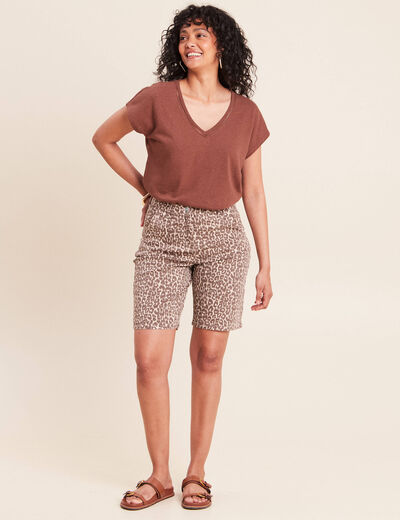 T-shirt col v manches courtes aspect lin marron fonc&eacute; femme