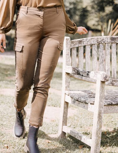 Pantalon ajusté satin 7/8ème vert olive femme