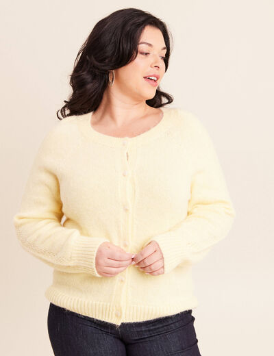 Gilet manches longues col rond jaune pastel femme
