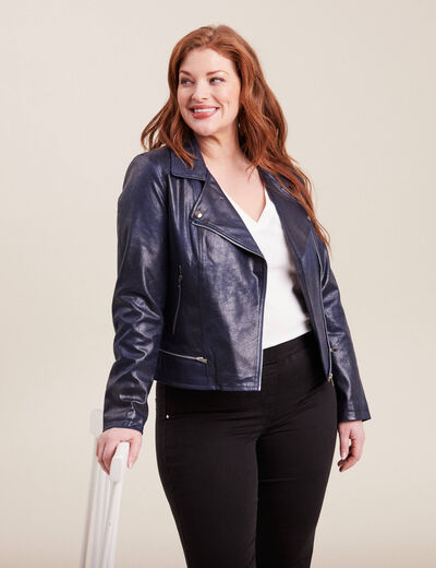 Veste esprit motard zippée bleu foncé femme