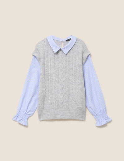 Pull bi-mati&egrave;re col chemise gris clair femme