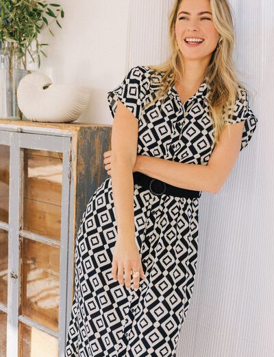 Robe longue droite ceinturée noir femme