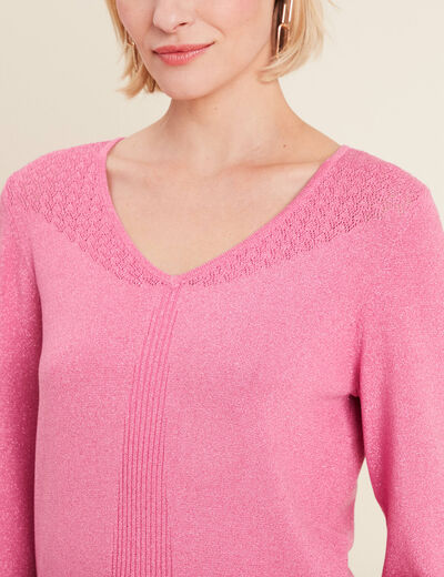 Pull manches longues col en V rose femme