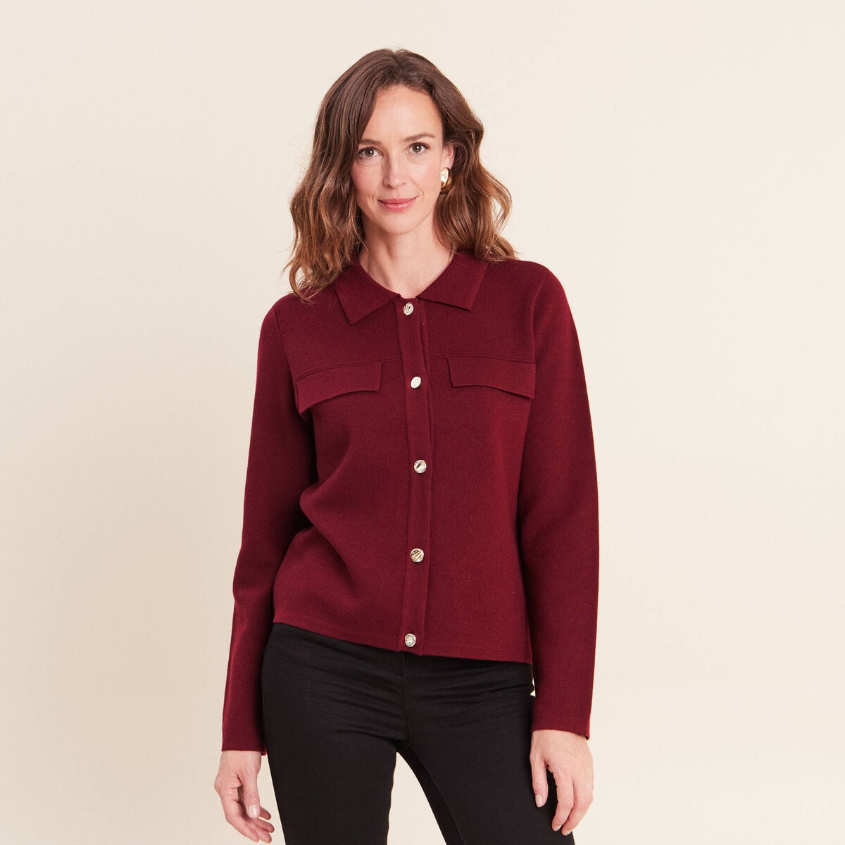 Gilet col chemise manches longues bordeaux femme