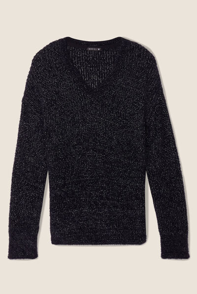 Pull manches longues col en V noir femme