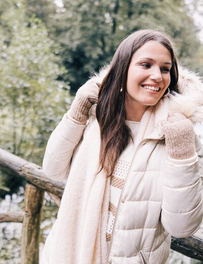 Doudoune déperlante longue à capuche beige femme