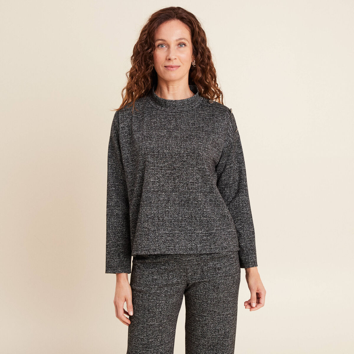 Sweat manches longues col montant gris femme