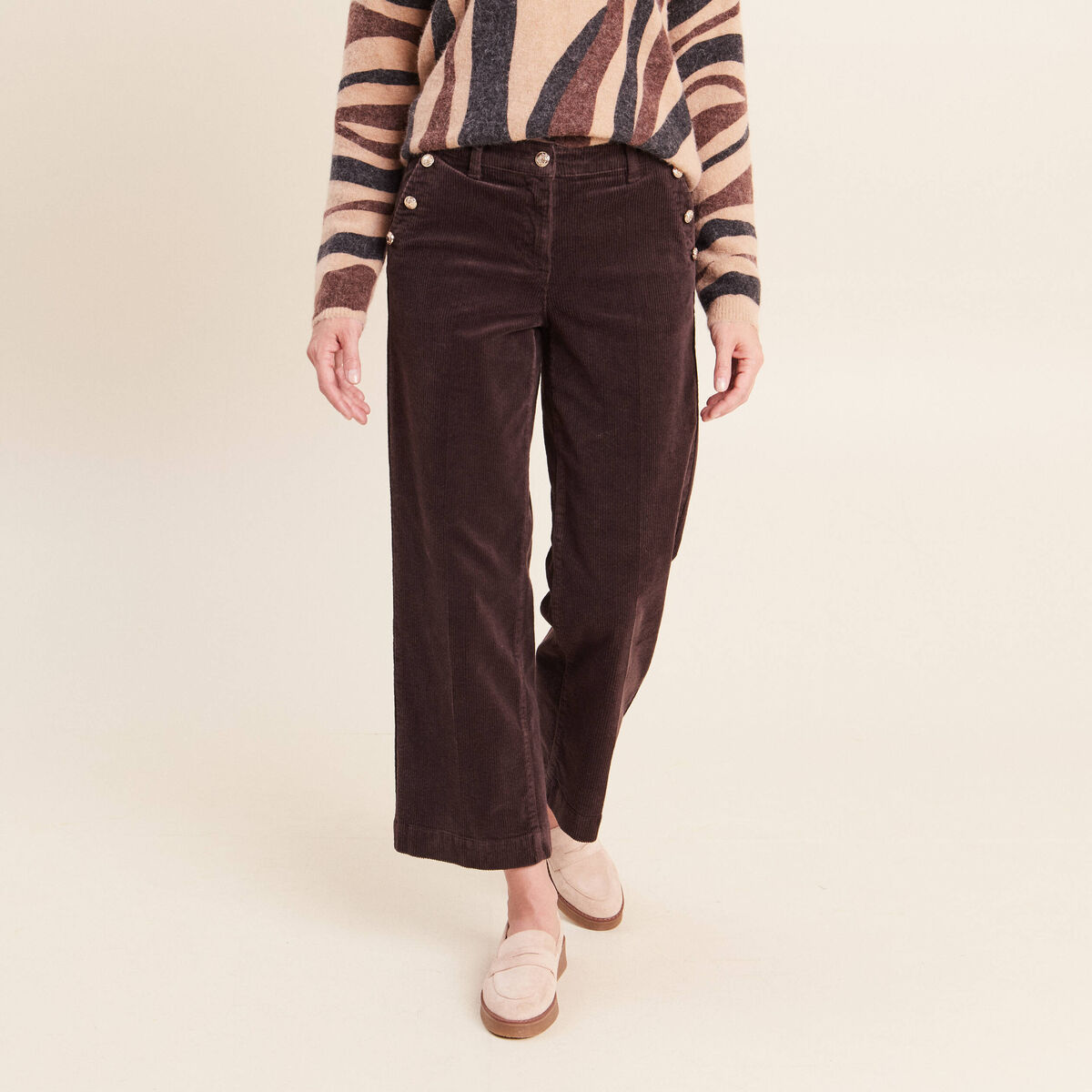 Pantalon large velours c&ocirc;tel&eacute; marron fonc&eacute; femme