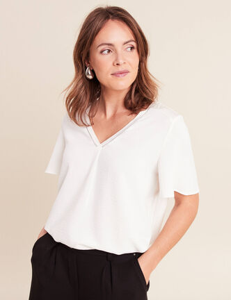 T-shirt bi-mati&egrave;re manches courtes ecru femme