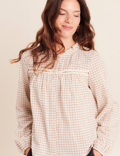 Chemise vichy manches longues col rond marron femme