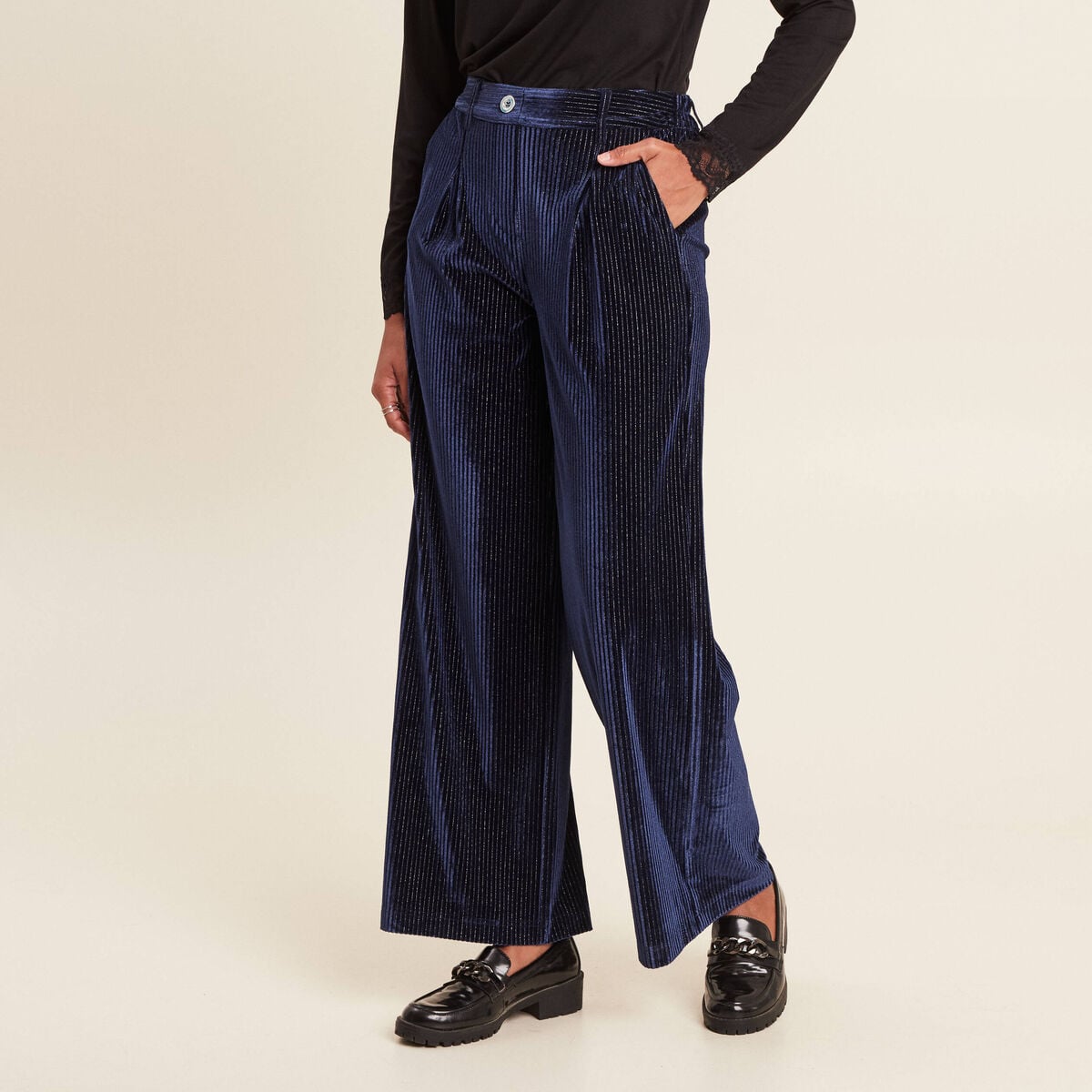 Pantalon large velours bleu fonc&eacute; femme