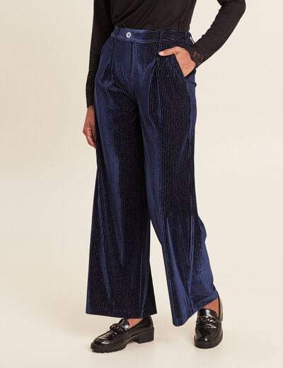 Pantalon large velours bleu fonc&eacute; femme