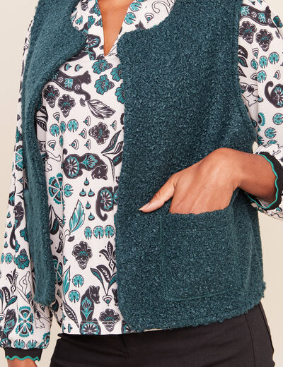 Gilet sans manches bouclette poches vert fonc&eacute; femme